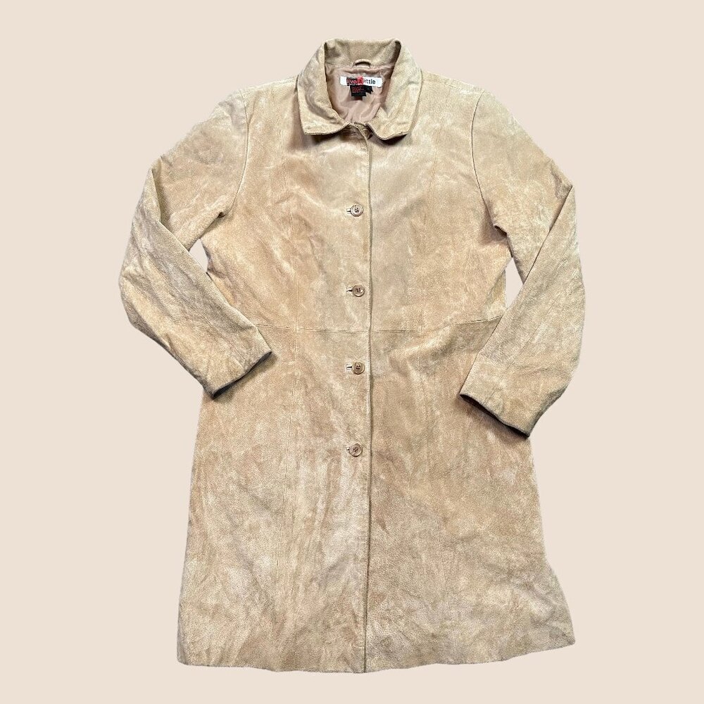 Vintage Live A Little Suede Tan Beige 100% Leather Trench Long Coat Large